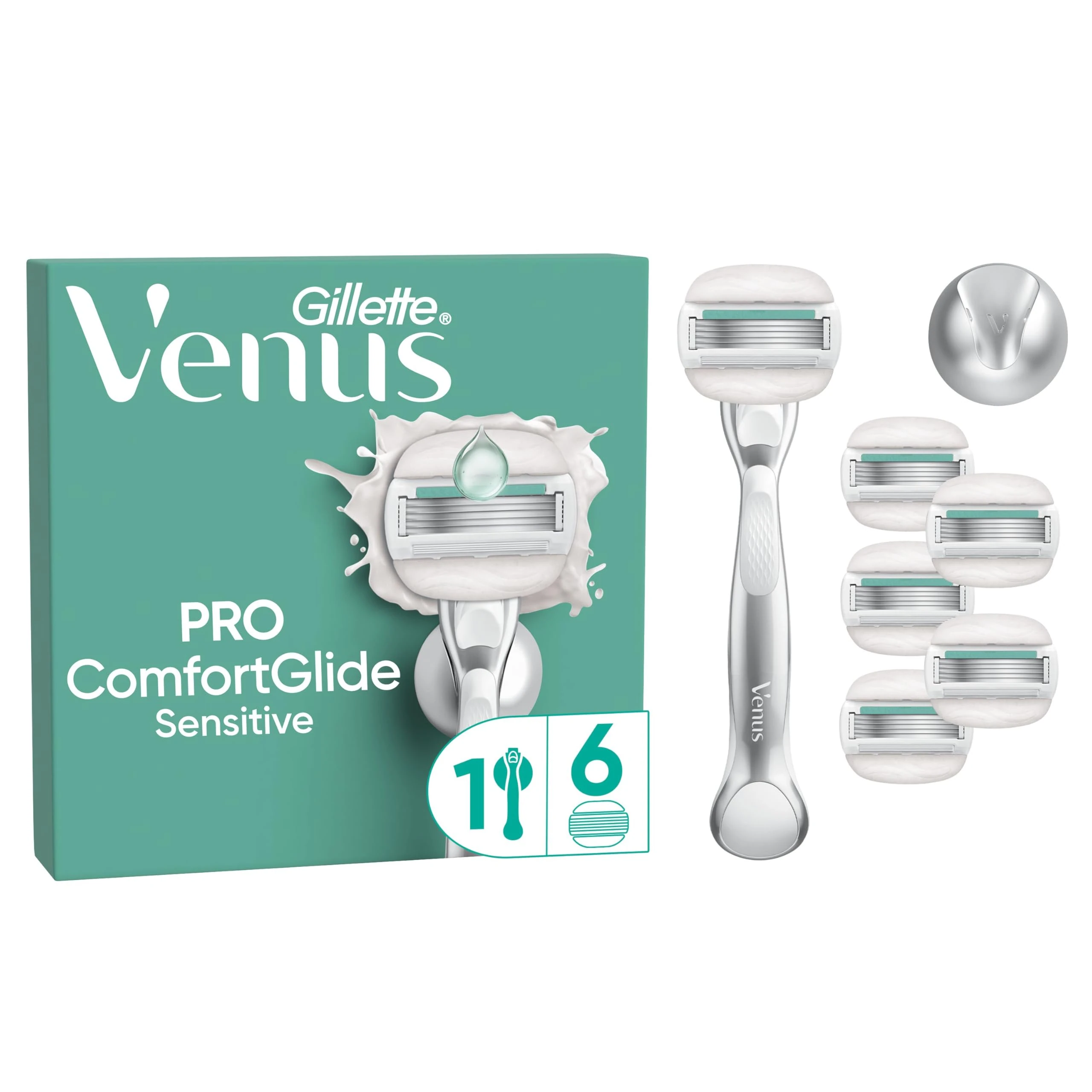 Gillette Venus Pro ComfortGlide Sensitive Women’s Razor with a Touch of Aloe, 1 Refill Razor Cartridges, Reusable Metal Handle and Shower Holder