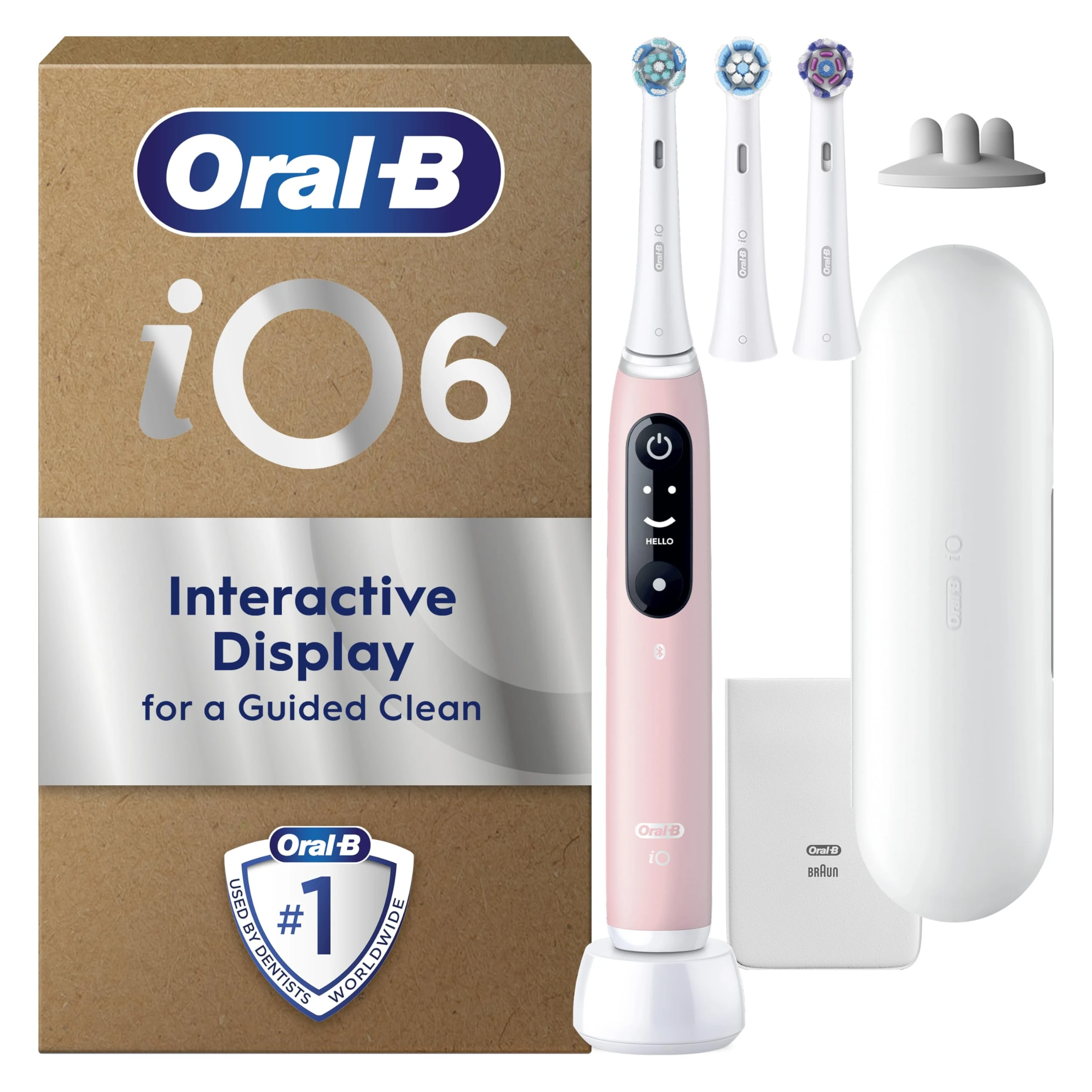 Oral-B iO6 Electric Toothbrush for Adults, 3 Toothbrush Heads, Travel Case & Toothbrush Head Holder, 5 Modes with Teeth Whitening, 2 Pin UK Plug, Pink