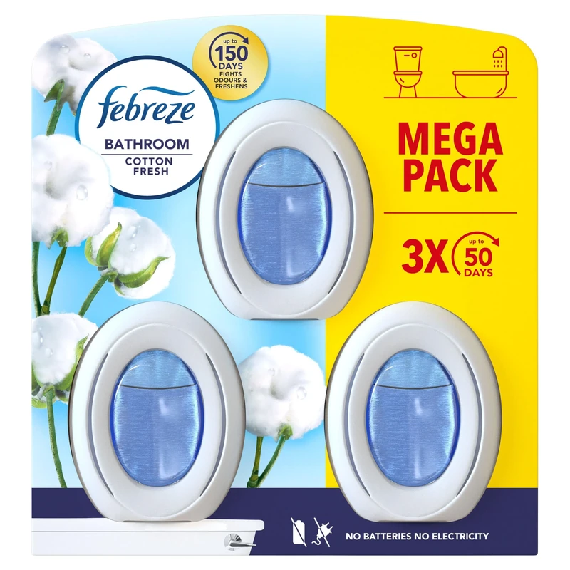 Febreze Bathroom, Continuous Air Freshener Cotton Fresh, 3 Unit, Fights Odour and Freshens