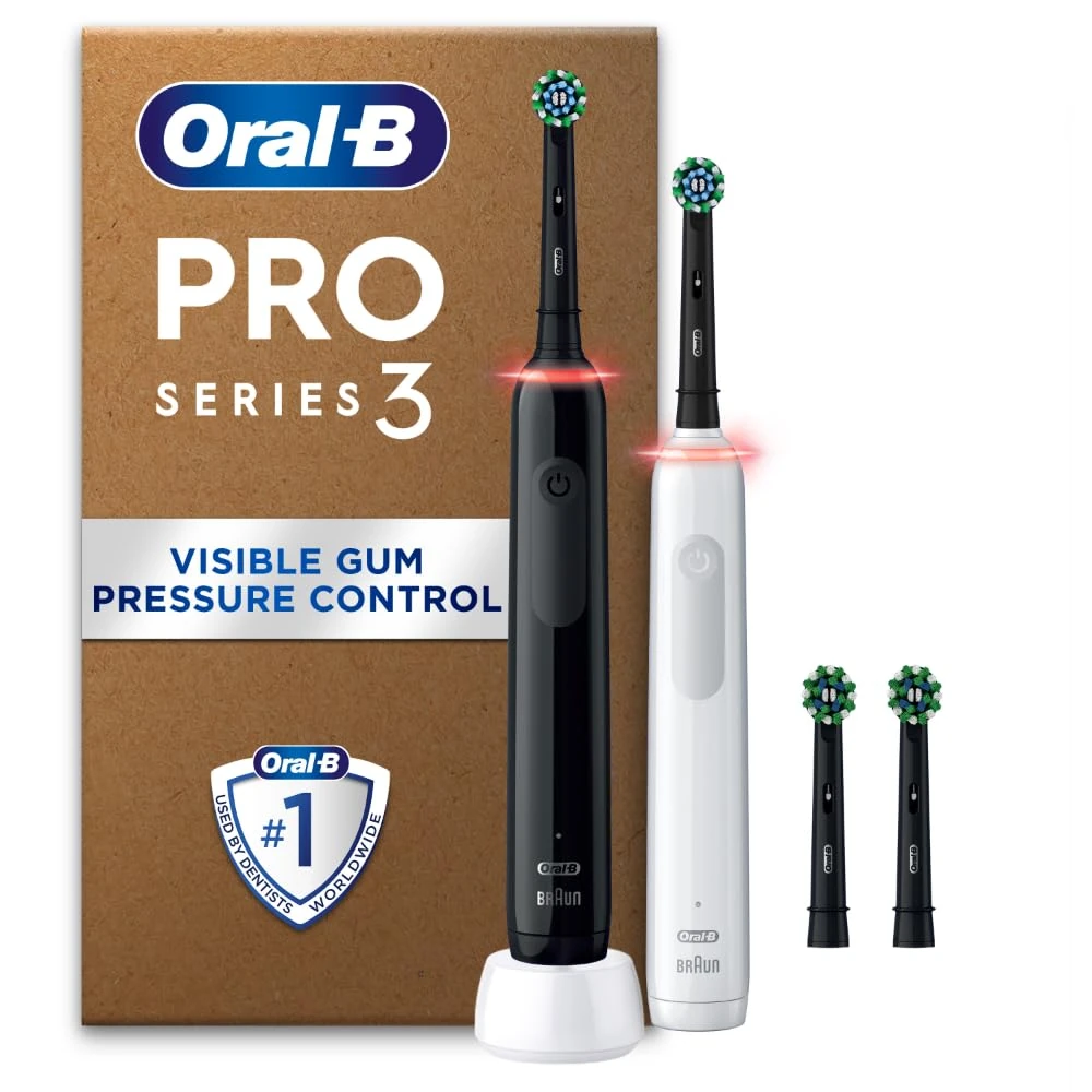 Oral-B Pro 3 2X Electric Toothbrushes for Adults, 2 Handles & 4 Toothbrush Heads, 3 Modes, Teeth Whitening, 2 Pin Plug, Black & White