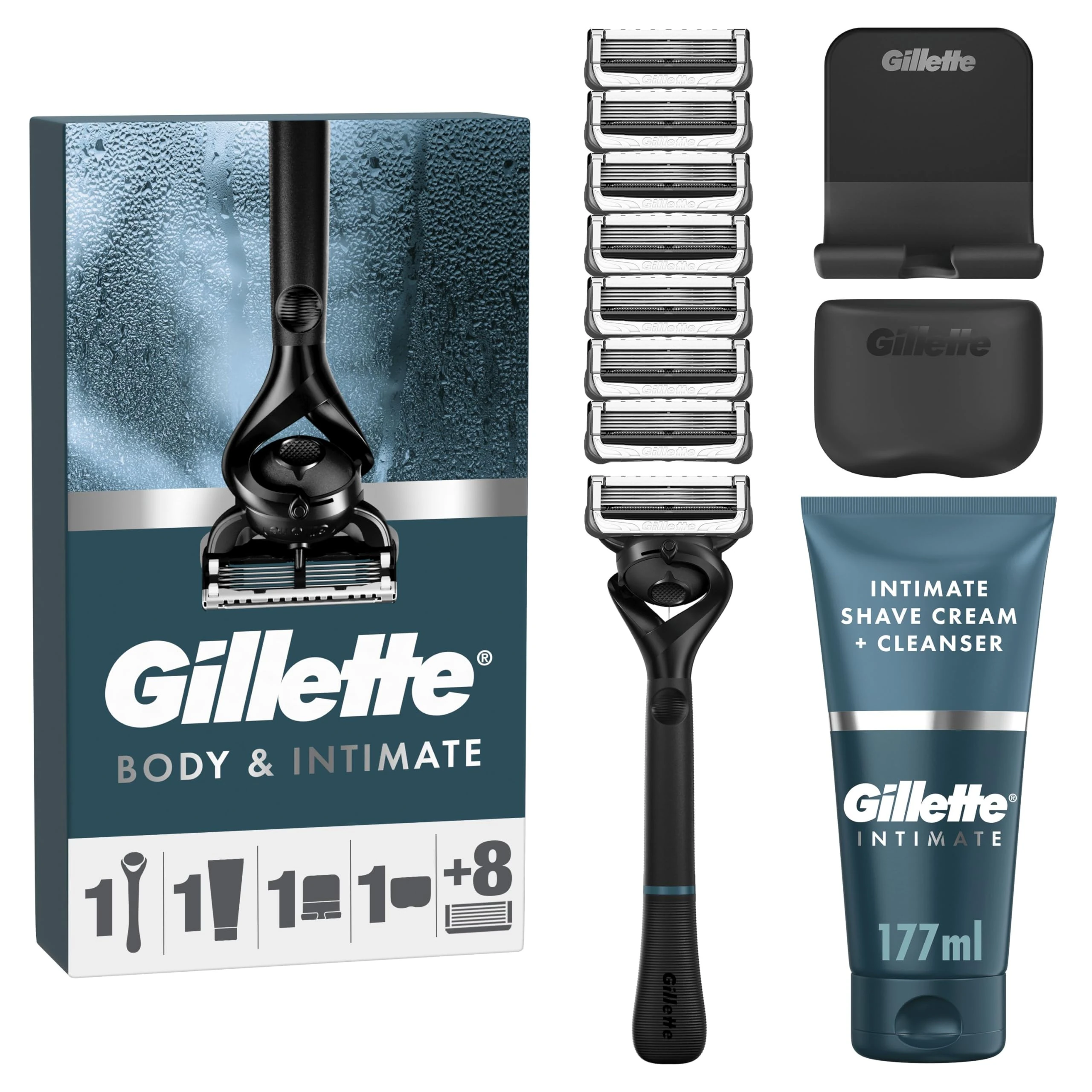 Gillette Body & Intimate Men’s Razor Set – Pubic Hair & Ball Shaver, 8 Razor Blade Refills + 2in1 Shave Cream & Cleanser, Below-the-Waist Grooming, Includes Shower Hook & Travel Cover