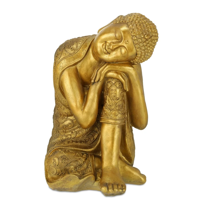Relaxdays Buddha statue, weather-resistant, head on knee Buddha ornament, zen garden sculpture, 40x37x61 cm (LxWxH) gold