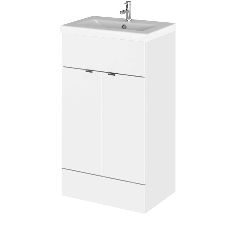 Hudson Reed CBI124A Fusion Modern Bathroom 2 Door Floor Standing Vanity Unit and Full Depth Ceramic Basin, 500mm, Gloss White