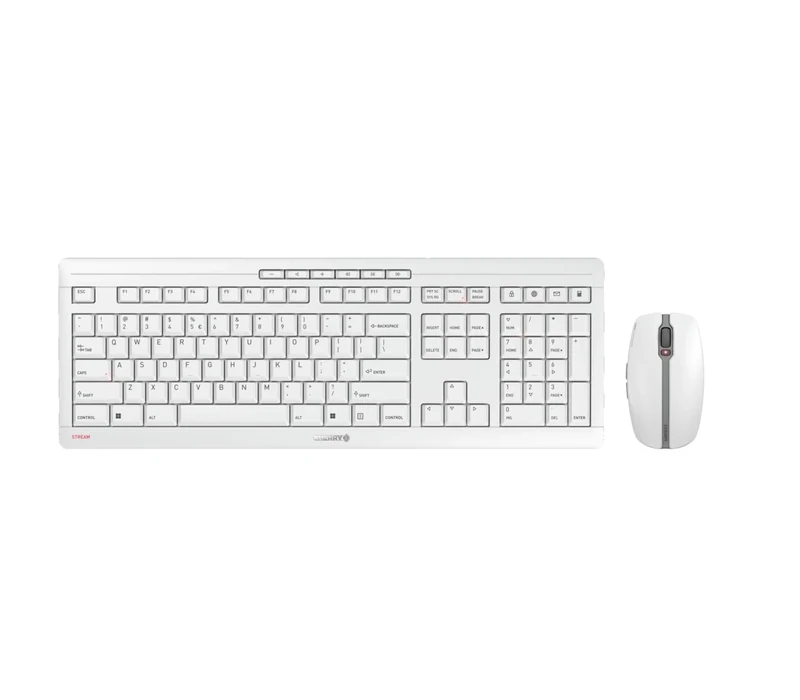 CHERRY STREAM DESKTOP, Wireless Desktop Set, EU Layout (QWERTY), 2.4 GHz RF, Quiet Keystrokes, Flat Keys, Battery-Operated, White-Grey