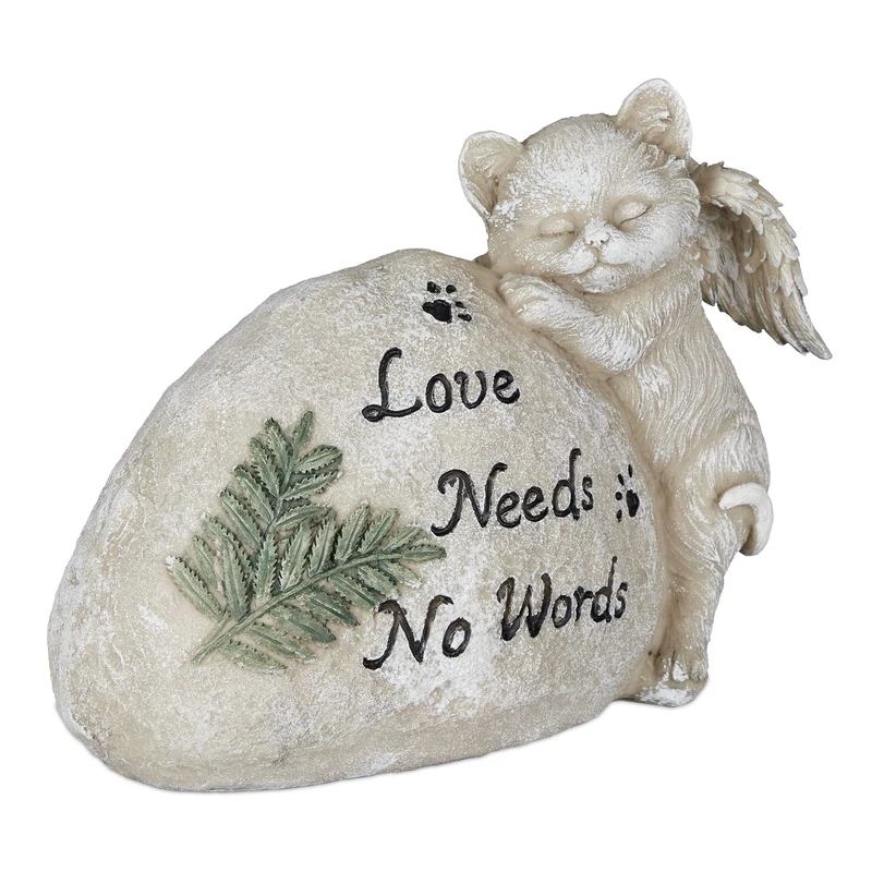 Relaxdays angel, statue for grave, cat memorial stone, weatherproof garden ornament, cream, Polyresin, 1 item
