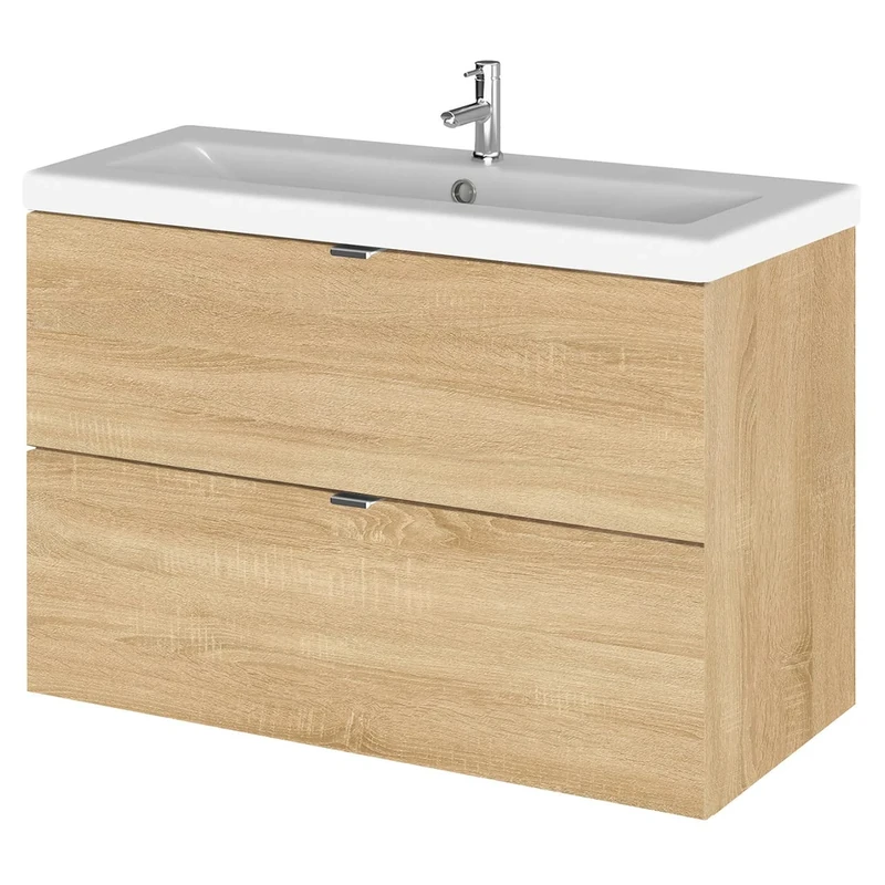Hudson Reed CBI331A Fusion Modern Bathroom 2 Drawer Wall Hung Vanity Unit and Full Depth Ceramic Basin, 800mm, Natural Oak