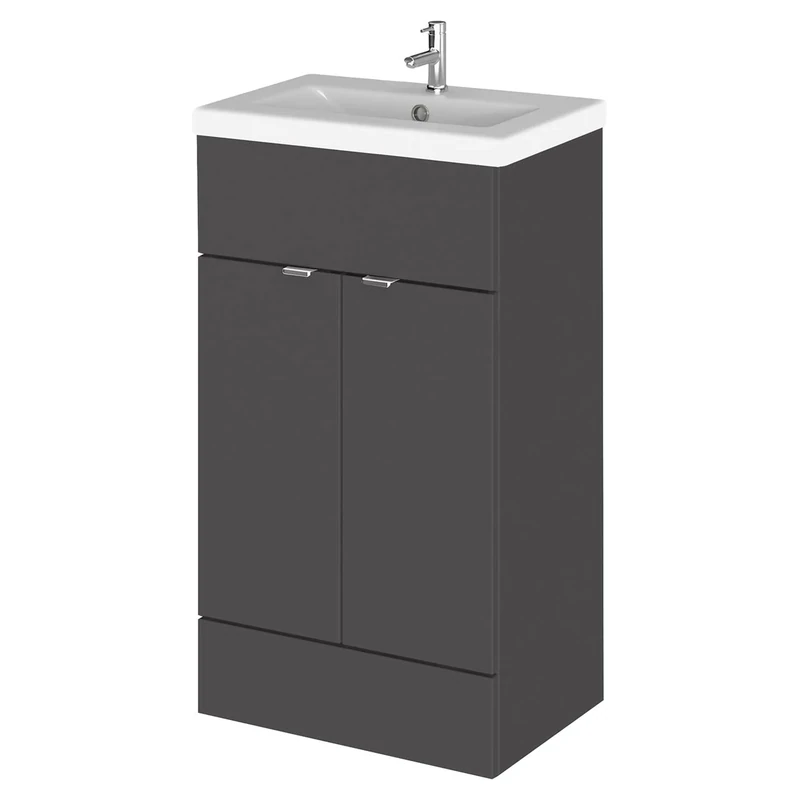 Hudson Reed CBI924A Fusion Modern Bathroom 2 Door Floor Standing Vanity Unit and Full Depth Ceramic Basin, 500mm, Gloss Grey