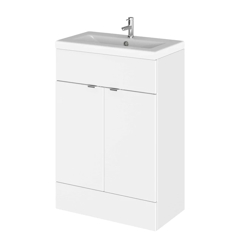 Hudson Reed CBI107A Fusion Modern Bathroom 2 Door Floor Standing Vanity Unit and Full Depth Ceramic Basin, 600mm, Gloss White