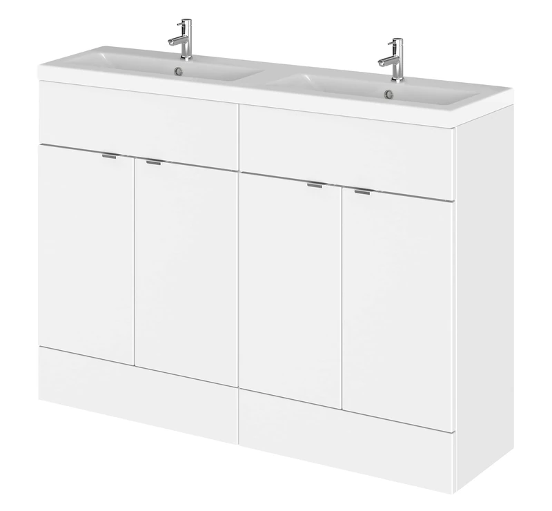 Hudson Reed Modern Bathroom 4 Door Floor Standing Vanity Unit and Full Depth Double Ceramic Basin, 1200mm, Gloss White, Oak Wood (CBI134A)