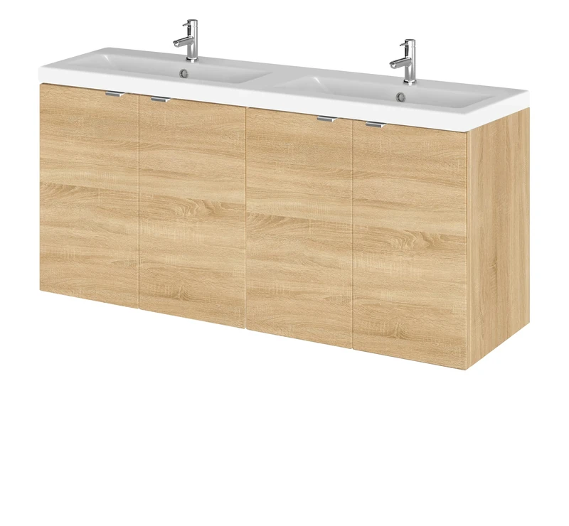 Hudson Reed CBI333A Fusion Modern Bathroom 4 Door Wall Hung Vanity Unit and Full Depth Double Ceramic Basin, 1200mm, Natural Oak