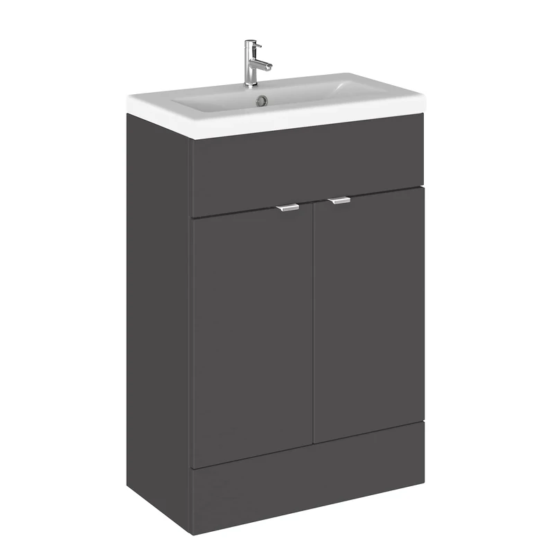 Hudson Reed CBI907A Fusion Modern Bathroom 2 Door Floor Standing Vanity Unit and Full Depth Ceramic Basin, 600mm, Gloss Grey