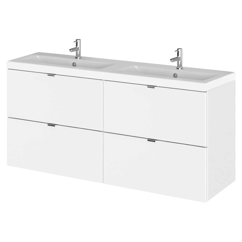 Hudson Reed CBI132A Fusion Modern Bathroom 4 Drawer Wall Hung Vanity Unit and Full Depth Double Ceramic Basin, 1200mm, Gloss White