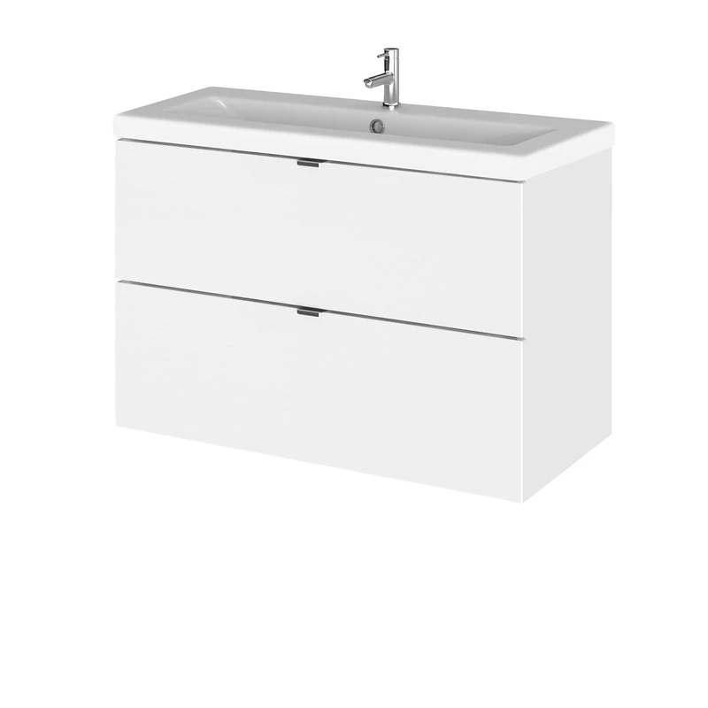 Hudson Reed CBI131A Fusion Modern Bathroom 2 Drawer Wall Hung Vanity Unit and Full Depth Ceramic Basin, 800mm, Gloss White