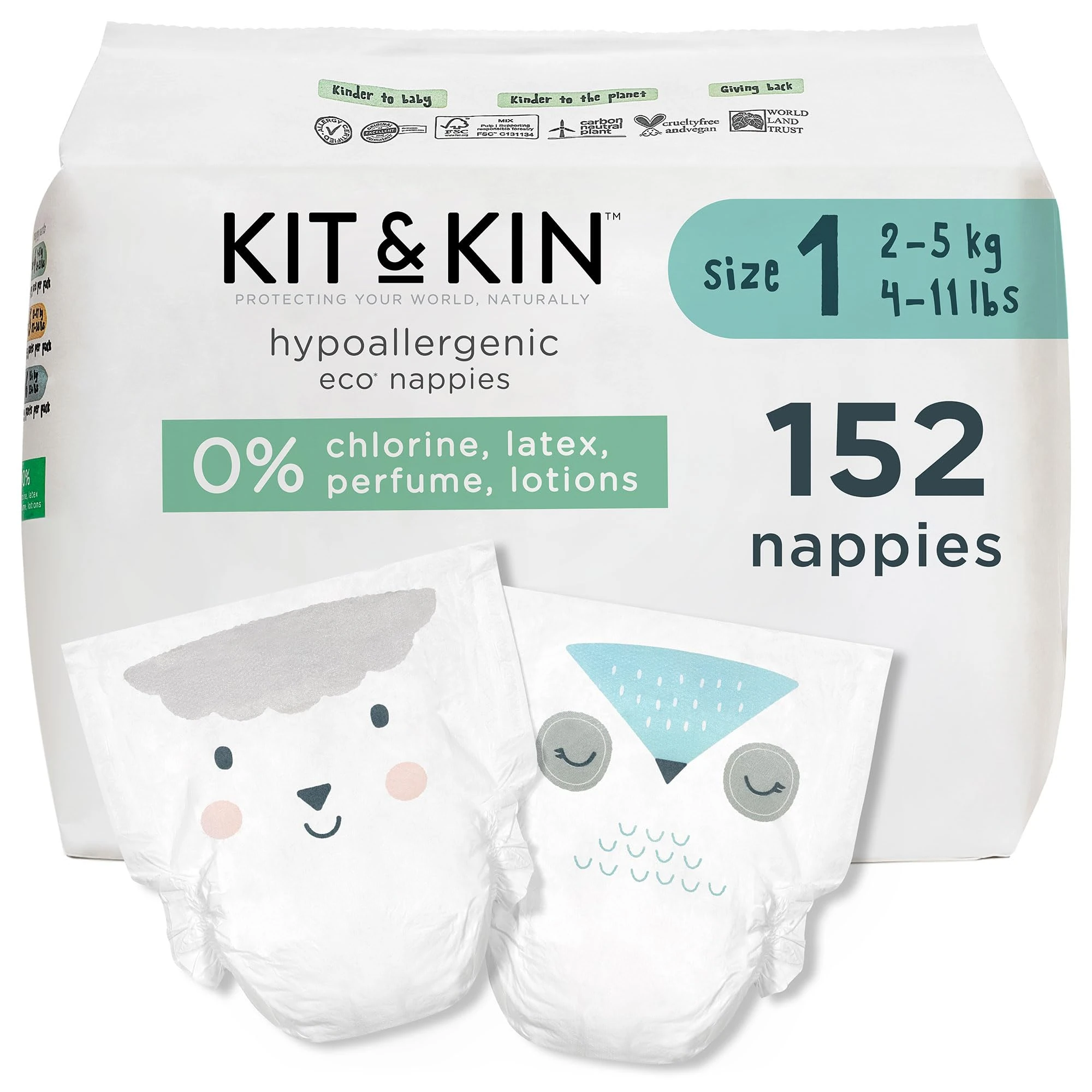 Kit & Kin Premium Eco Baby Nappies Size 1 | Newborn 2-5 kgs / 4-11 lbs | Pack of 152 Nappies | Plant-Based & Hypoallergenic | Superior Leak Protection | Vegan & Cruelty Free