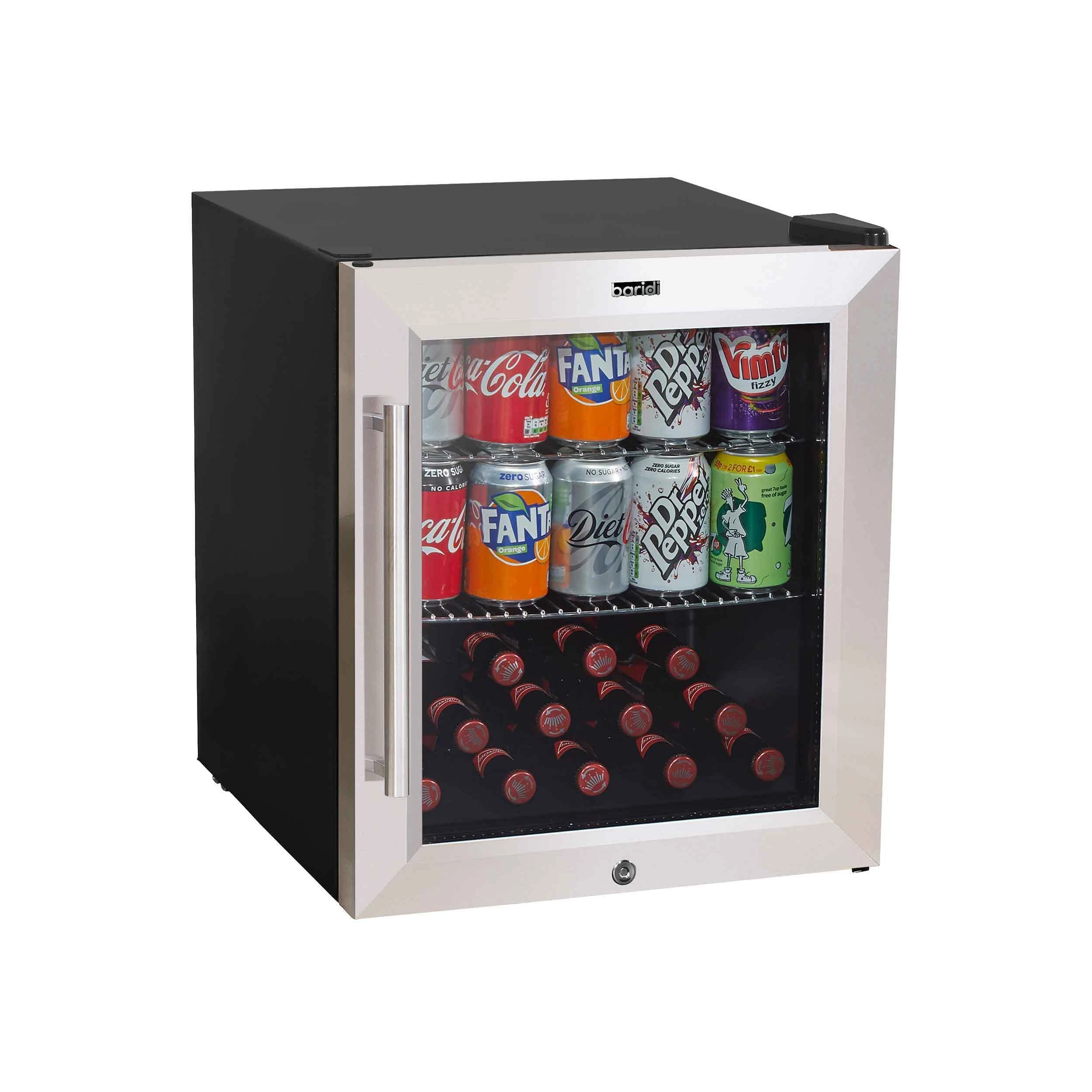Dellonda Baridi Stainless Steel Mini Fridge, 50L Beer, Wine & Drinks Fridge, LED Light + Lock & Key