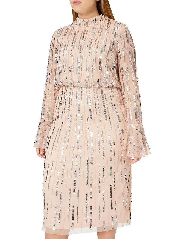 Amelia Rose Women's Aster high Neck Embellished midi Dress Special Occasion, Toasted Almond, 6