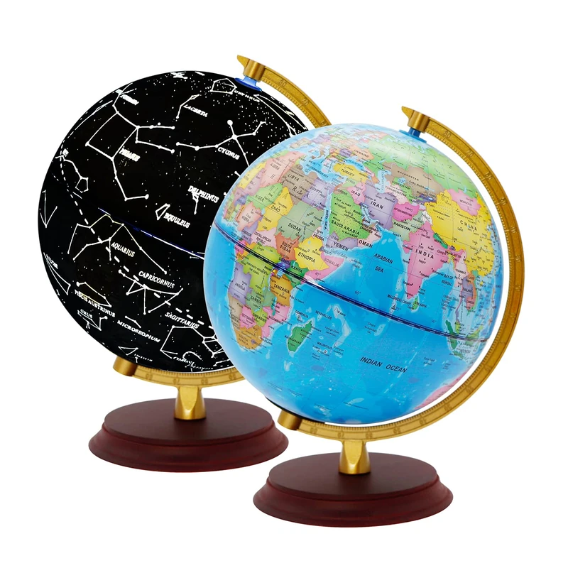 Exerz Illuminated World Globe 20cm Diameter Wooden Base - Political Map in English (Day) - Constellation Stars (Night)