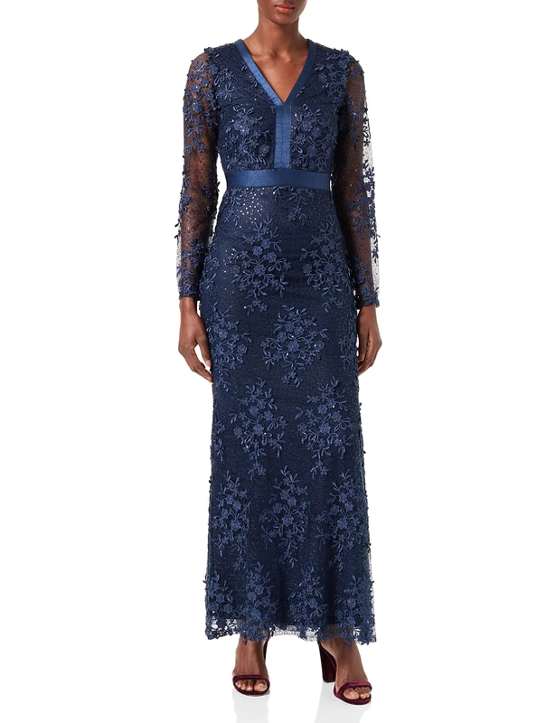 Amelia Rose Women's Nashia lace Maxi Special Occasion Dress, Navy Peony, 14