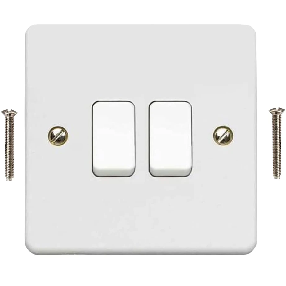 Body-Plus 2 Gang 2 Way Light Switch - White Electric Curved Edge Light Switches with Screws - 250 V A.C, 10AX Double Wall Switch for Home, Office, Industries, Shedes, garages etc (1)