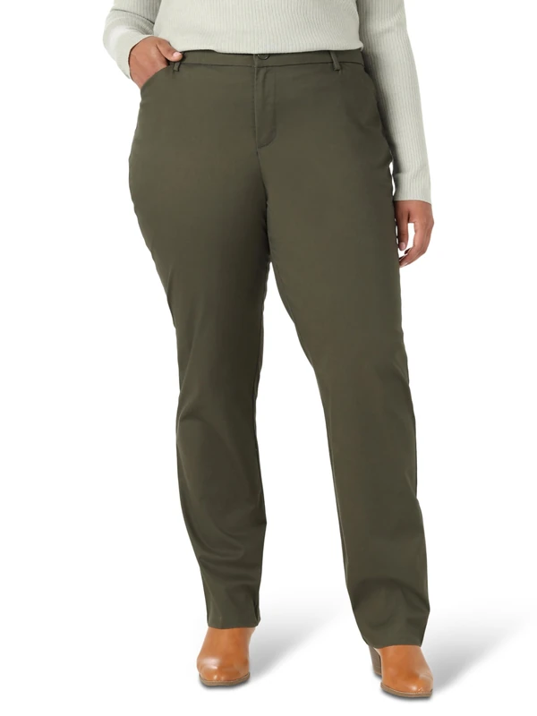 Lee Women's Size Wrinkle Free Relaxed Fit Straight Leg Pant, Frontier Olive, 28 Plus Medium