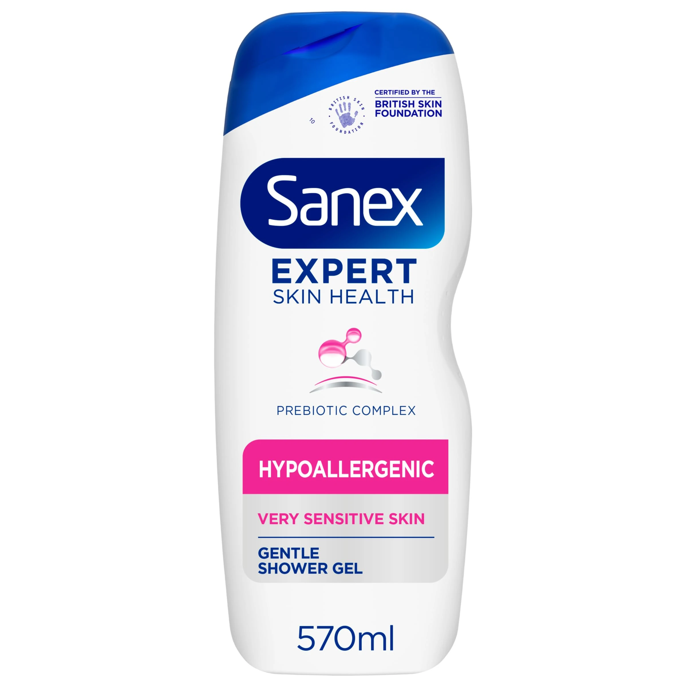Sanex Expert Skin Health Hypoallergenic Shower Gel l 570ml, for Very Sensitive Skin, Sensitive Shower Gel, 12 Hour Hydration, Prebiotic & Postbiotic Complex, Dermatologically Tested, 0% Sulphates**