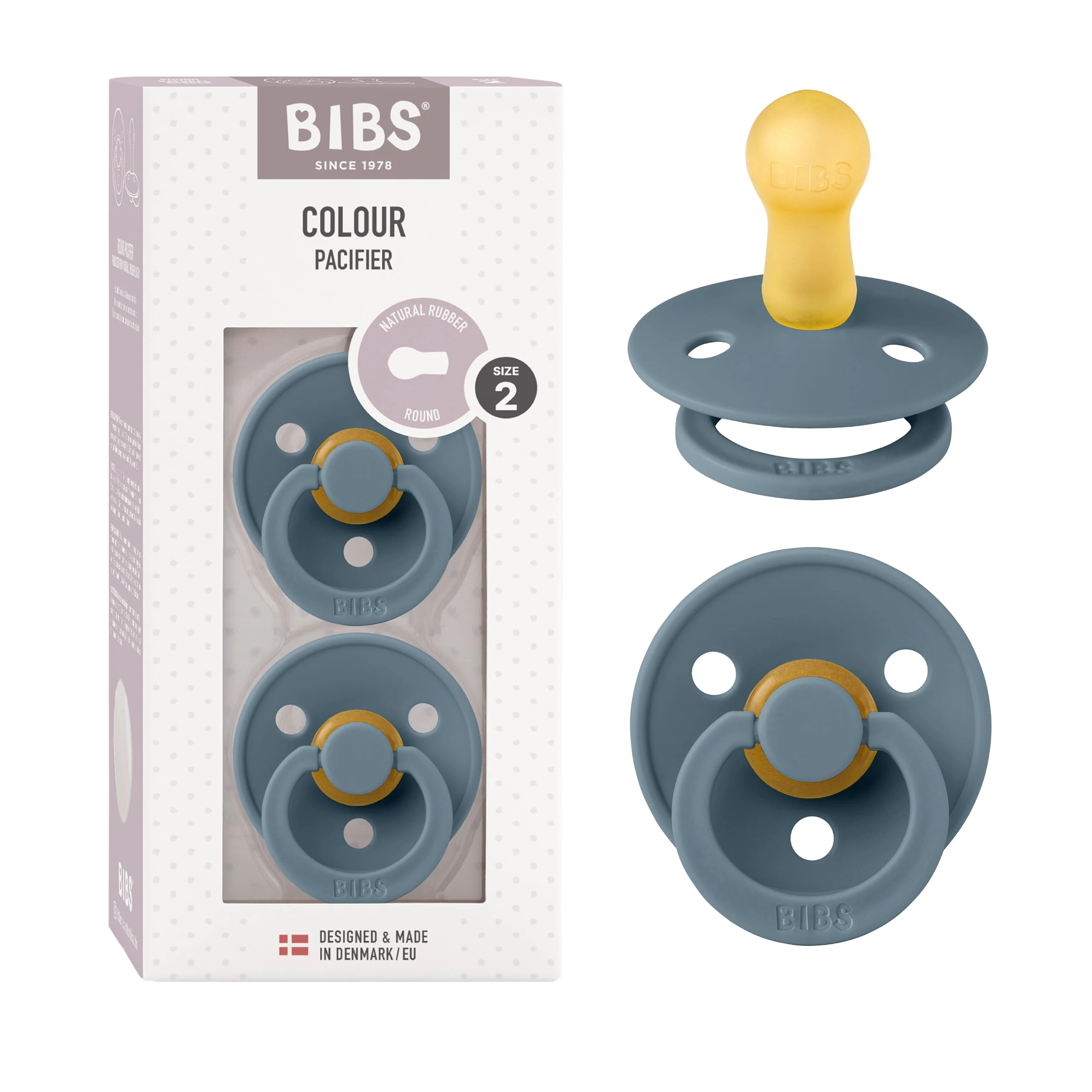 BIBS Colour Soother 2-Pack, BPA Free Dummy Pacifier, Round Nipple. Natural Rubber Latex, Size 2 (6-18 Months), Petrol/Petrol