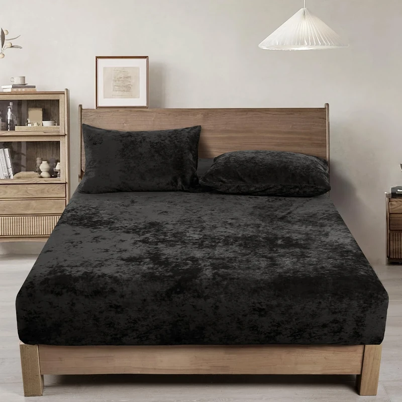 PHF Truly Velvet Fitted Sheet King Size - 1 Pack Luxury Super Soft Fitted Sheet with 15" Deep Pocket No Pillow Cases, Black
