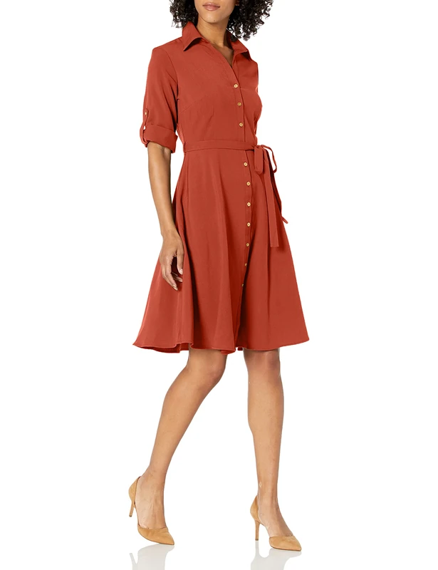 SHARAGANO Women's Button Front Pleated Shirt Dress Casual, Arabian Spice, 10