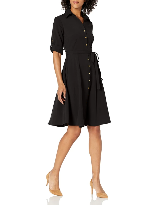 SHARAGANO Women's Button Front Pleated Shirt Dress Casual, Black, 8 - Image 1