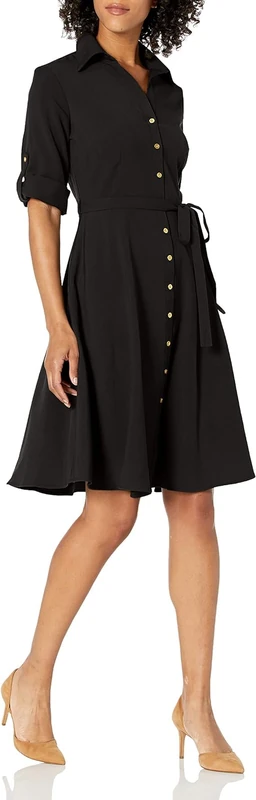 SHARAGANO Women's Button Front Pleated Shirt Casual Dress, Black, 10