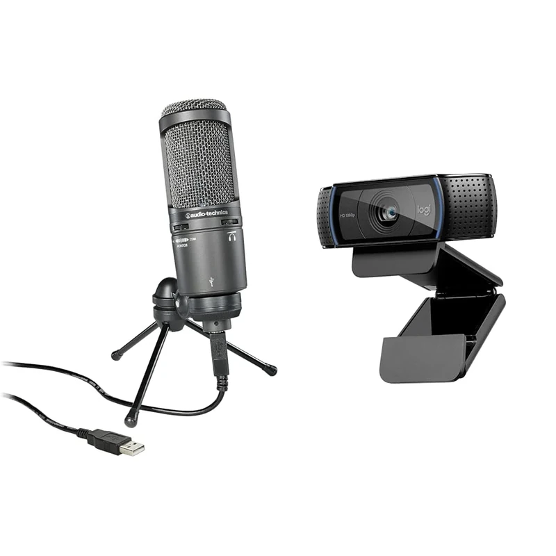 Audio-Technica 2020USB+ Cardioid Condenser Microphone (USB connection) Grey & Logitech C920 HD Pro Webcam, Streaming, Full HD 1080p/30fps Video Calling, Clear Stereo Audio