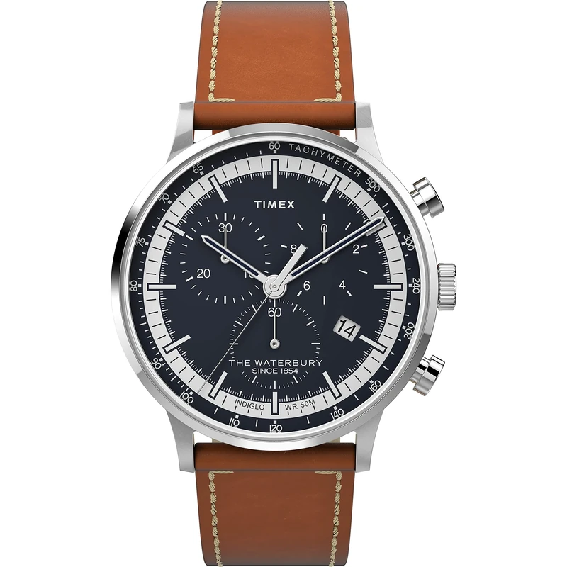Timex Men's Waterbury Classic Chrono 40mm Stainless Steel Quartz Dress Watch with Leather Strap, Brown, 20 TW2V30800