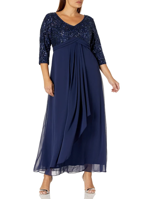 Alex Evenings Women's Long Lace Top Empire Waist Dress Special Occasion, Navy Plus, 18