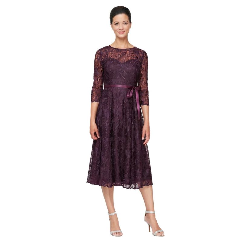 Alex Evenings Women's Tea Length Embroidered Dress Illusion Sleeves (Petite Missy) Special Occasion, Eggplant, 14