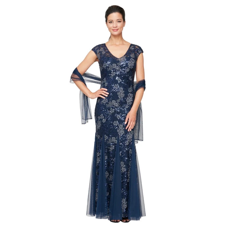 Alex Evenings Women's Long V Neck Fit and Flare Dress with Shawl (Petite Regular) Special Occasion, New Navy, 14