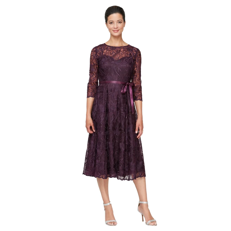 Alex Evenings Women's Tea Length Embroidered Cocktail Dress with Illusion Sleeves, Wedding Guest (Petite and Regular Sizes) Special Occasion, Eggplant, 10