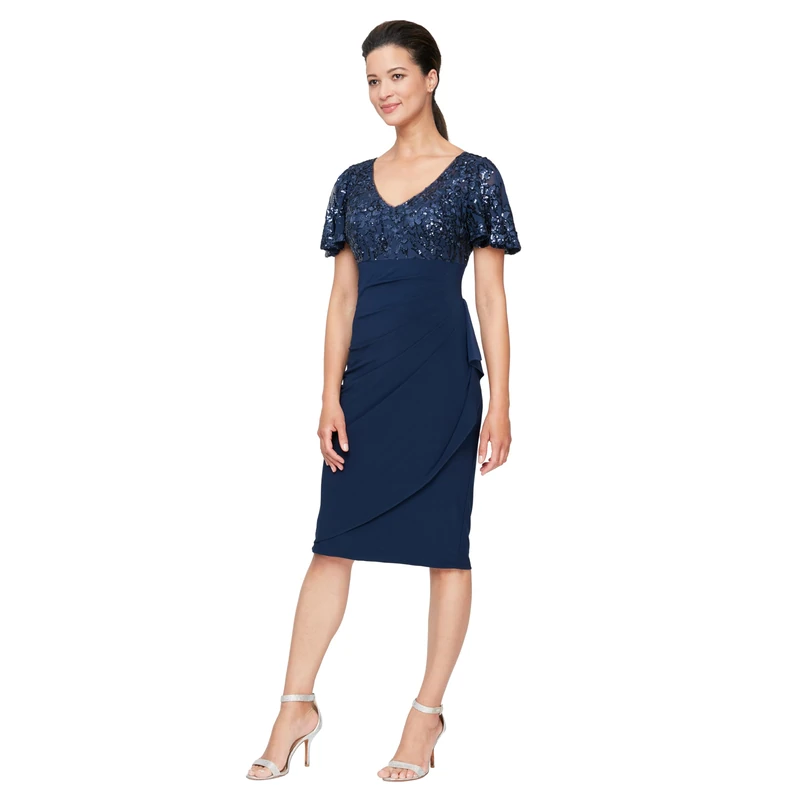 Alex Evenings Women's Short Shift Knee Length V Neck Dress (Petite & Regular) Special Occasion, Navy Flutter Sleeve, 14