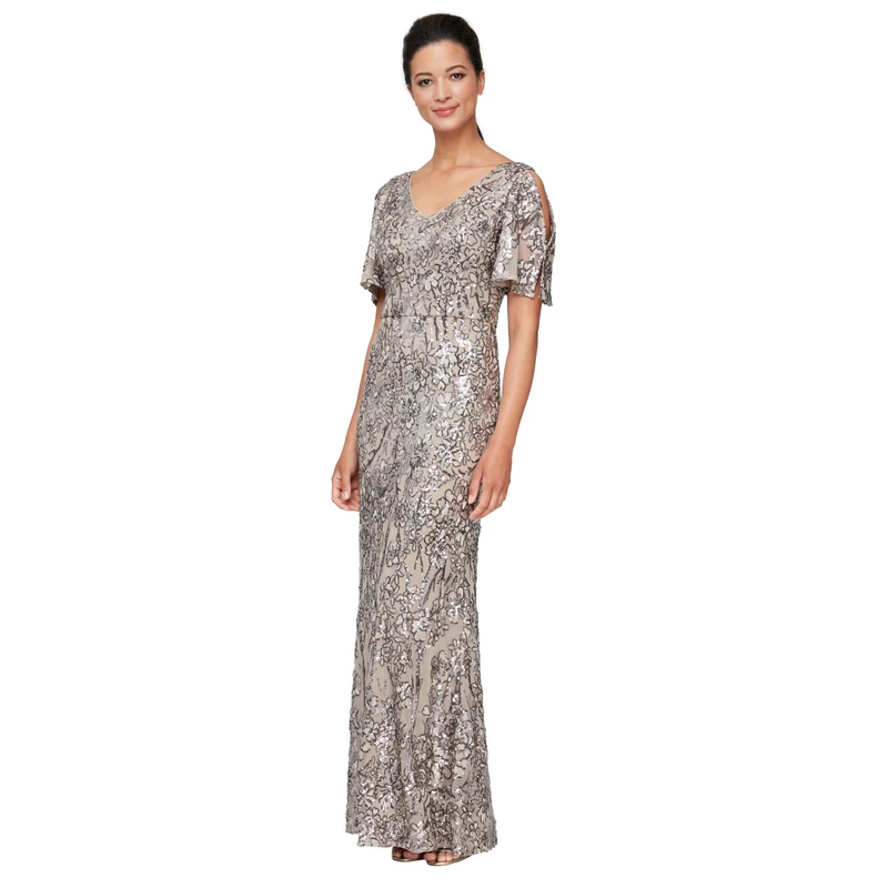 Alex Evenings Women's Long Sequin Dress with Flutter Sleeves Special Occasion, Mink, 18 Petite