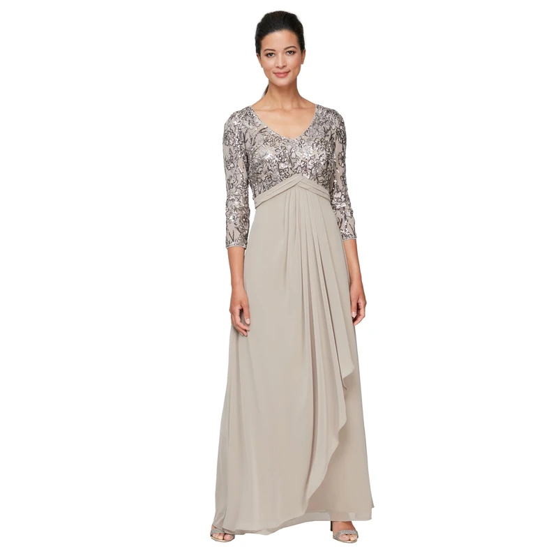 Alex Evenings Women's Long Lace Top Empire Waist Dress Special Occasion, Mink, 16/Petite