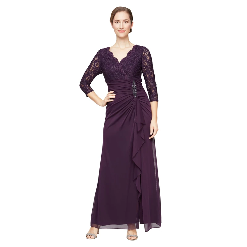 Alex Evenings Women's Long Lace Top Empire Waist Dress Special Occasion, Eggplant, 14