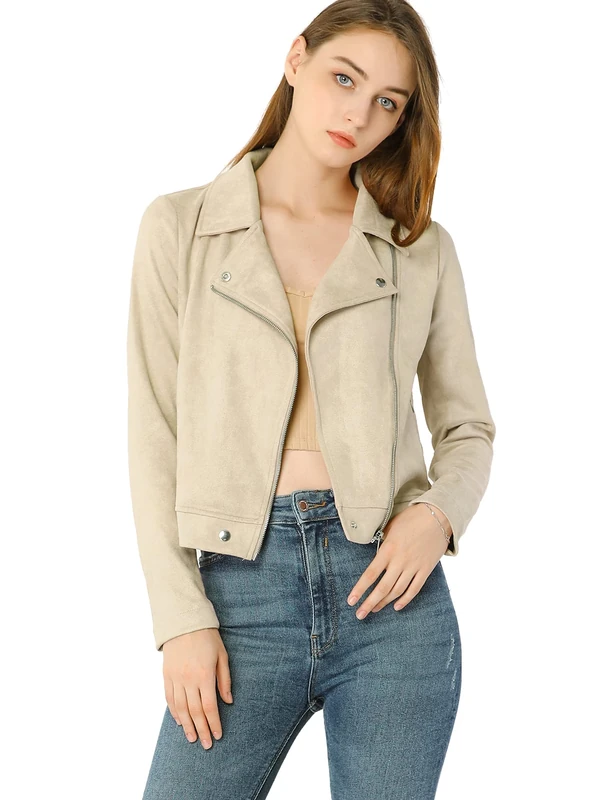 Allegra K Women's Short Soft Zip Up Faux Suede Biker Moto Jacket, Beige, L