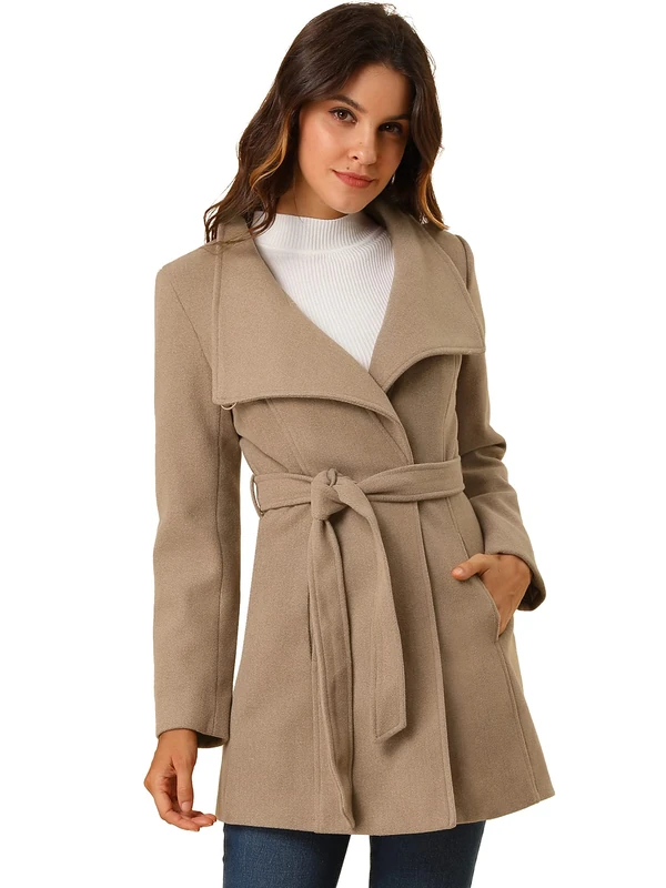 Allegra K Women's Classic Stand Collar Long Sleeve Winter Belted Long Coat, Light Brown, XL