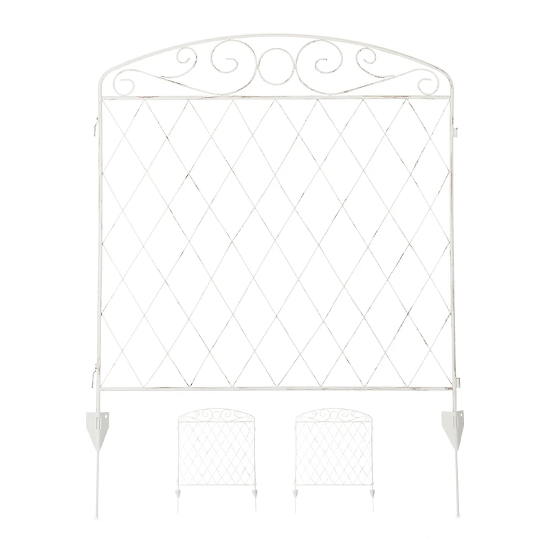 Relaxdays Garden fence, metal plug-in fence, H x W: 91 x 278 cm, 3 fence elements, vintage design, decorative fence for pond and garden, white