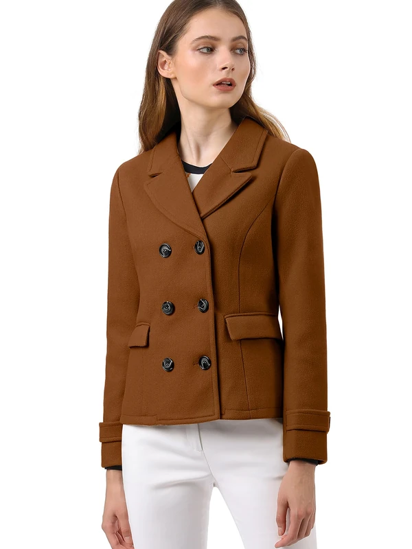 Allegra K Women's Notched Lapel Double Breasted Pea Coat, Dark Brown, M