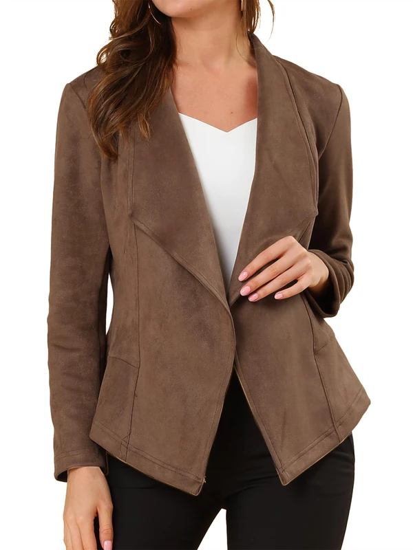 Allegra K Women's Faux Suede Jacket Open Front Lapel Draped Outwear Cardigan, Light Brown, Medium