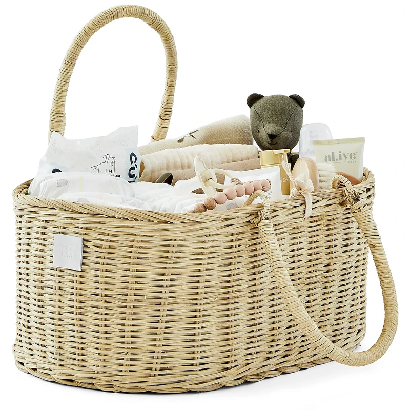 BEBE BASK Baby Diaper Caddy Organizer - Handmade Organic Rattan Basket for Baby Girl & Boy - Luxury Nursery Storage