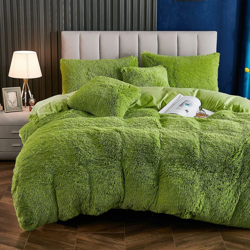 Yaoshuho Plush Fluffy Duvet Cover Twin Size Luxury Ultra Soft Shaggy Duvet Cover Set Faux Fur Comforter Bedding Set(1 Duvet Cover + 1 Pillow Shams), Green