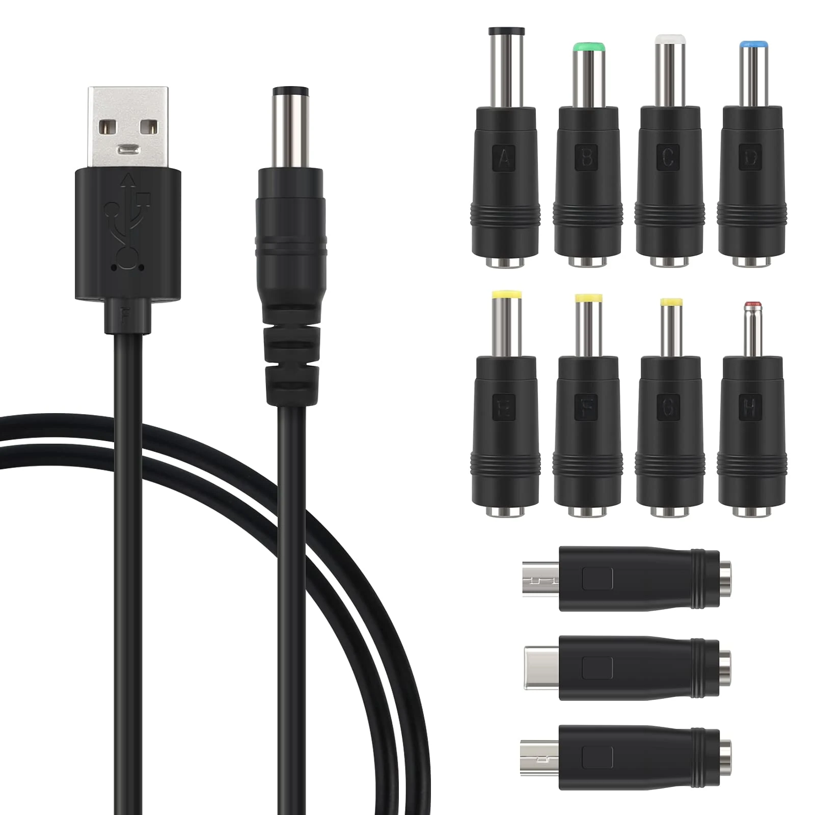 ShiSheng USB to DC Power Cable 1 Pcs Universal 5V DC with 11 Connector Tips 1M USB Power Cable Interchangeable Plugs Connectors