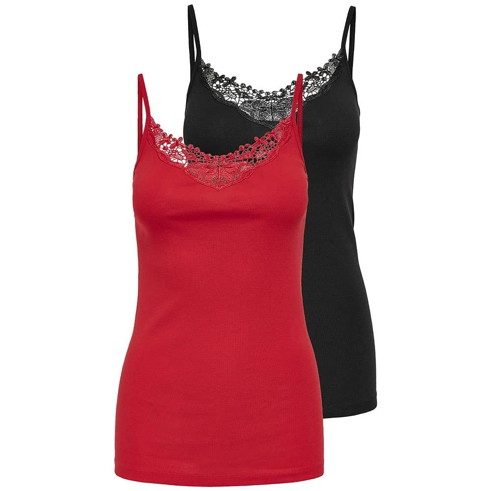 Only Women's ONLKIRA Life LACE Singlet 2PACK NOOS Vest, High Risk Red/Pack:Black, XS