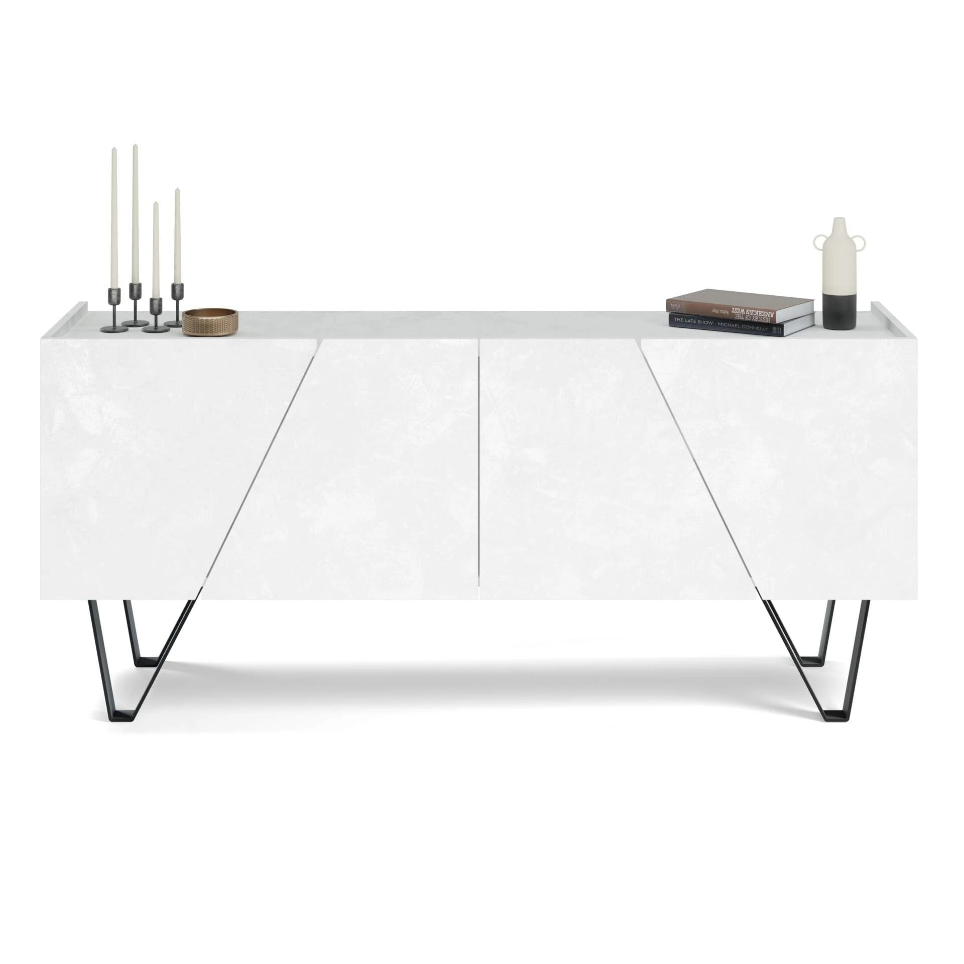 Mobili Fiver, Emma 4-door Sideboard with black legs, Concrete Effect, White, Made In Italy